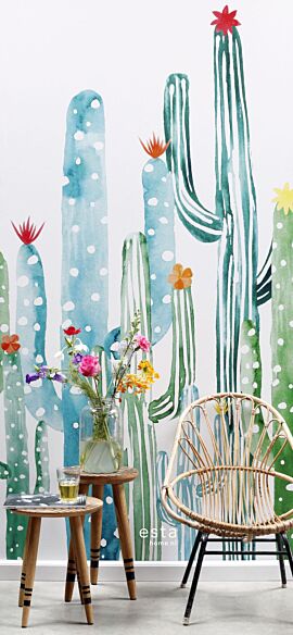 fotobehang aquarel geschilderde bloeiende cactussen tropisch junglegroen en turquoise