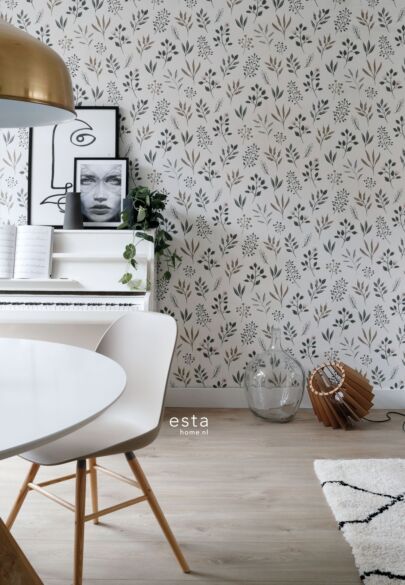 behang bloemmotief in Scandinavische stijl wit, grijs en roze