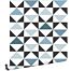 behang grafische driehoeken wit, zwart, vintage blauw en lichtblauw