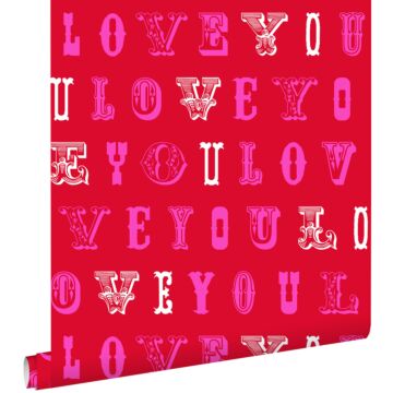 behang love you - quotes rood en roze