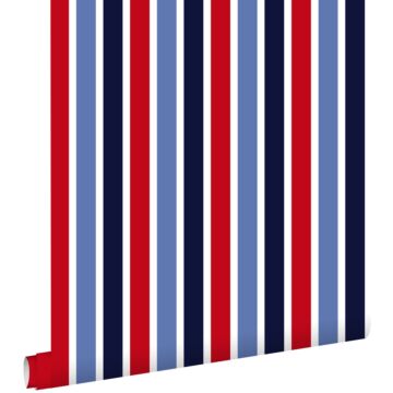 behang verticale strepen donkerblauw, rood en wit