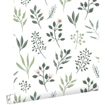 behang bloemmotief in Scandinavische stijl wit en vergrijsd groen