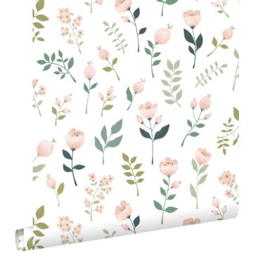 behang bloemen wit, roze en groen