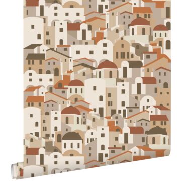 behang mediterrane huisjes beige en terracotta