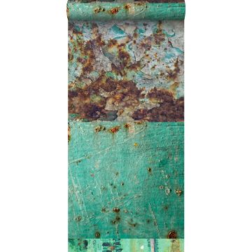 vlies wallpaper XXL patchwork roestige metalen platen zeegroen en bruin