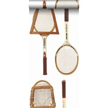 XXL behang vintage tennisrackets wit, bruin en beige