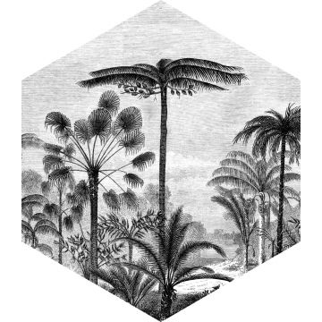 muursticker tropisch landschap met palmbomen zwart wit