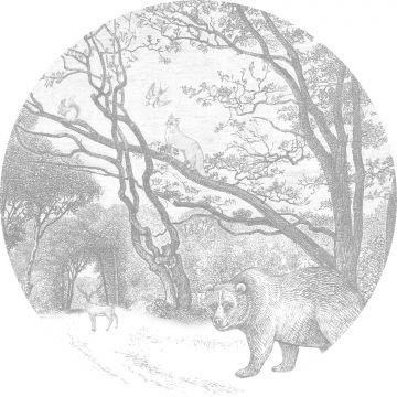 zelfklevende behangcirkel bos met bosdieren grijs